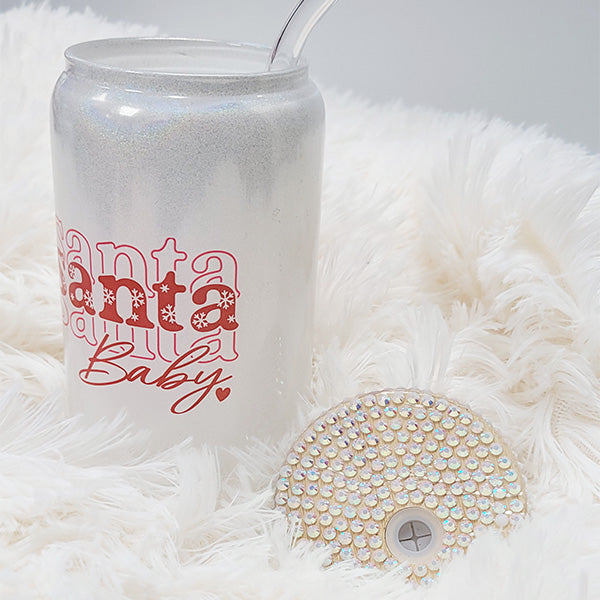 Santa Baby Christmas Iced Coffee Glass Tumbler with Straw and Rhinestone Lid
