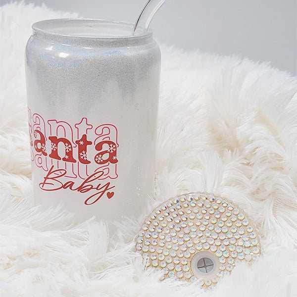 Santa Baby Christmas Iced Coffee Glass Tumbler with Straw and Rhinestone Lid - Gifts Are Blue