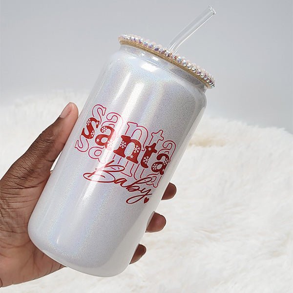 Santa Baby Christmas Iced Coffee Glass Tumbler with Straw and Rhinestone Lid - Gifts Are Blue
