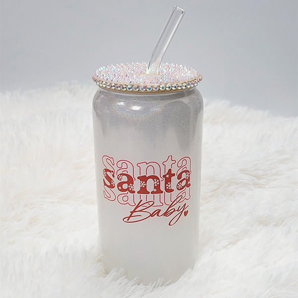 Santa Baby Christmas Iced Coffee Glass Tumbler with Straw and Rhinestone Lid - Gifts Are Blue
