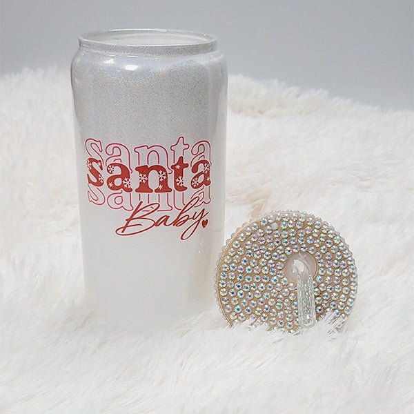 Santa Baby Christmas Iced Coffee Glass Tumbler with Straw and Rhinestone Lid - Gifts Are Blue