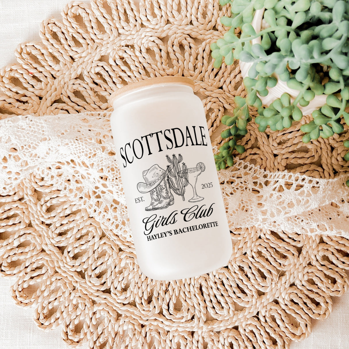 Reusable iced coffee cups personalized with names and bachelorette weekend location, designed for the bride, maid of honor, and bridesmaids.