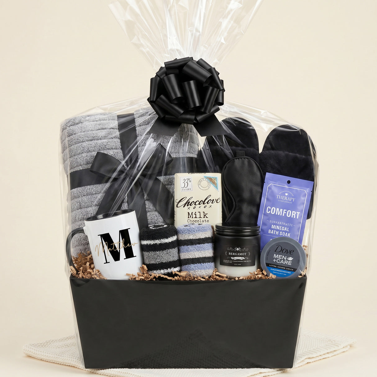 Midnight Lounge Self Care Gift Basket for Men with Slippers and Blanket