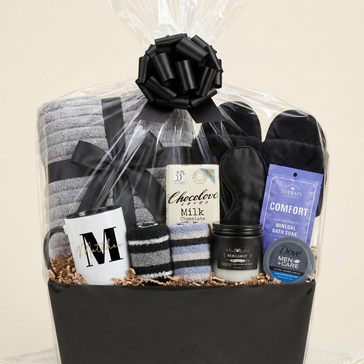 Midnight Lounge Self Care Gift Basket for Men with Slippers and Blanket