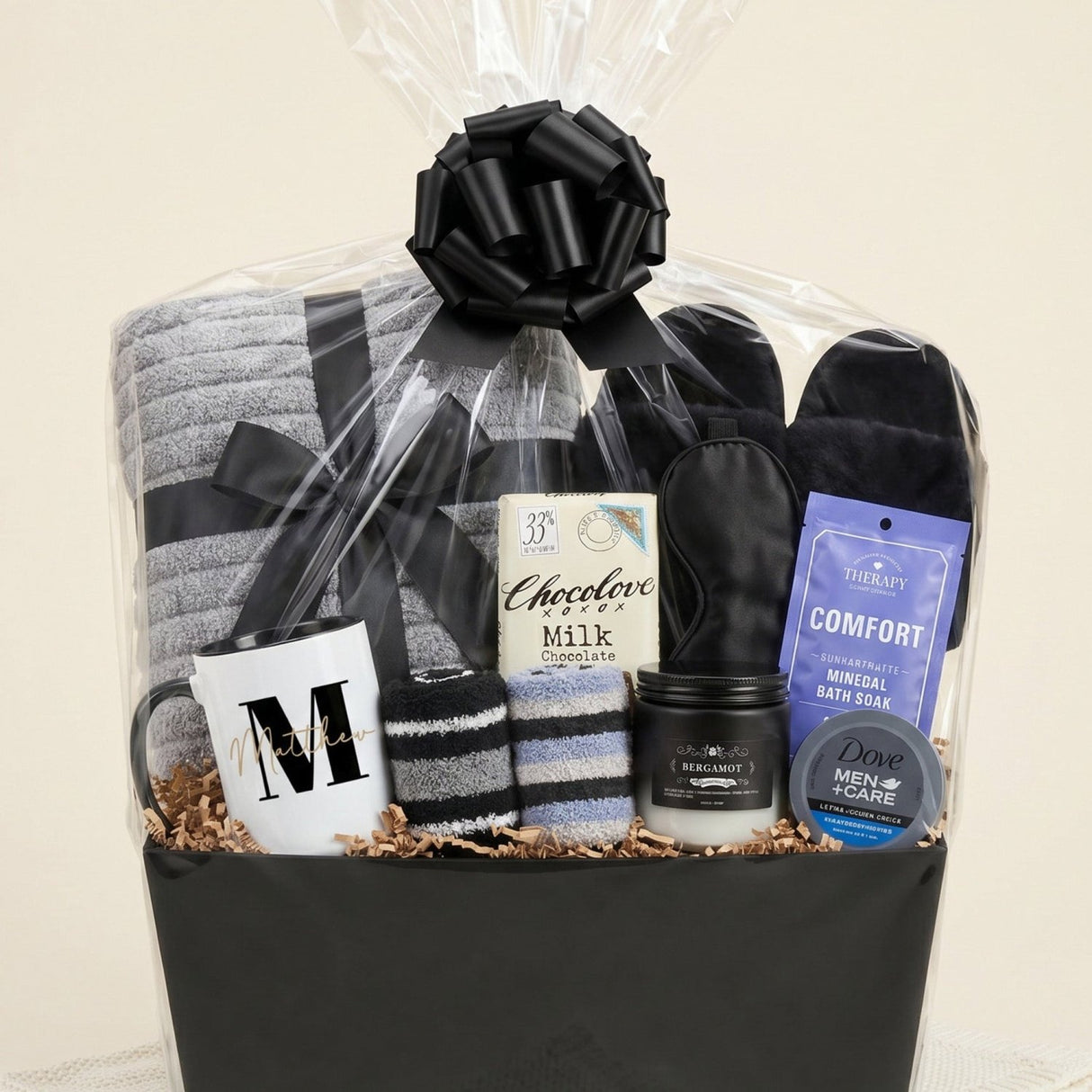 Midnight Lounge Self Care Gift Basket for Men with Slippers and Blanket - Gifts Are Blue