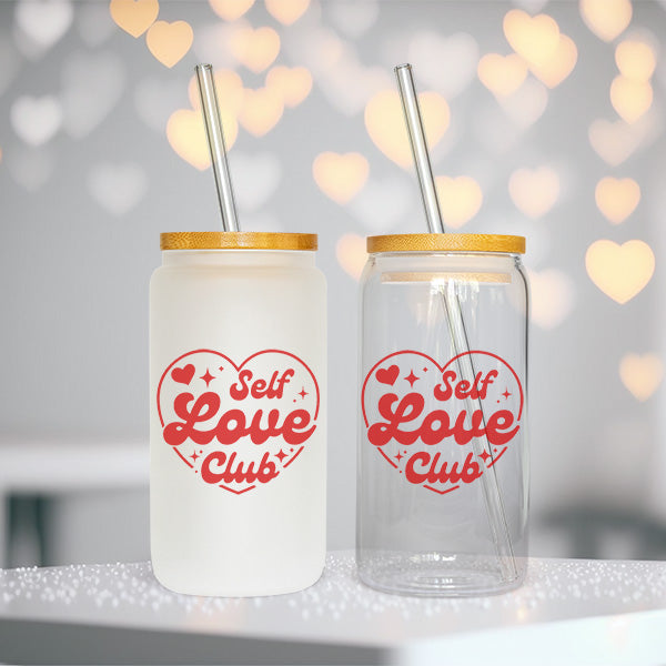 16oz Self Love Club Frosted and Clear Iced Coffee Glass Tumbler