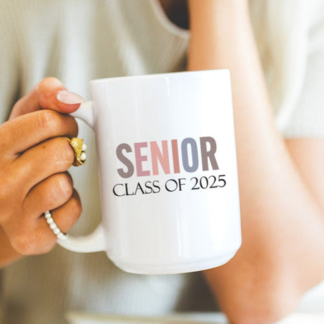 Minimalist graduation mugs featuring clean Senior design, perfect for senior gifts or graduation party. Graduation gift ideas for her from parents.