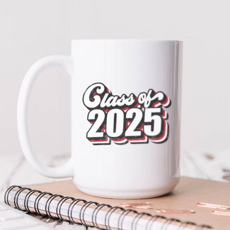 Simple Class of 2025 graduation mug with retro font design, perfect senior gift for high school or college graduate.