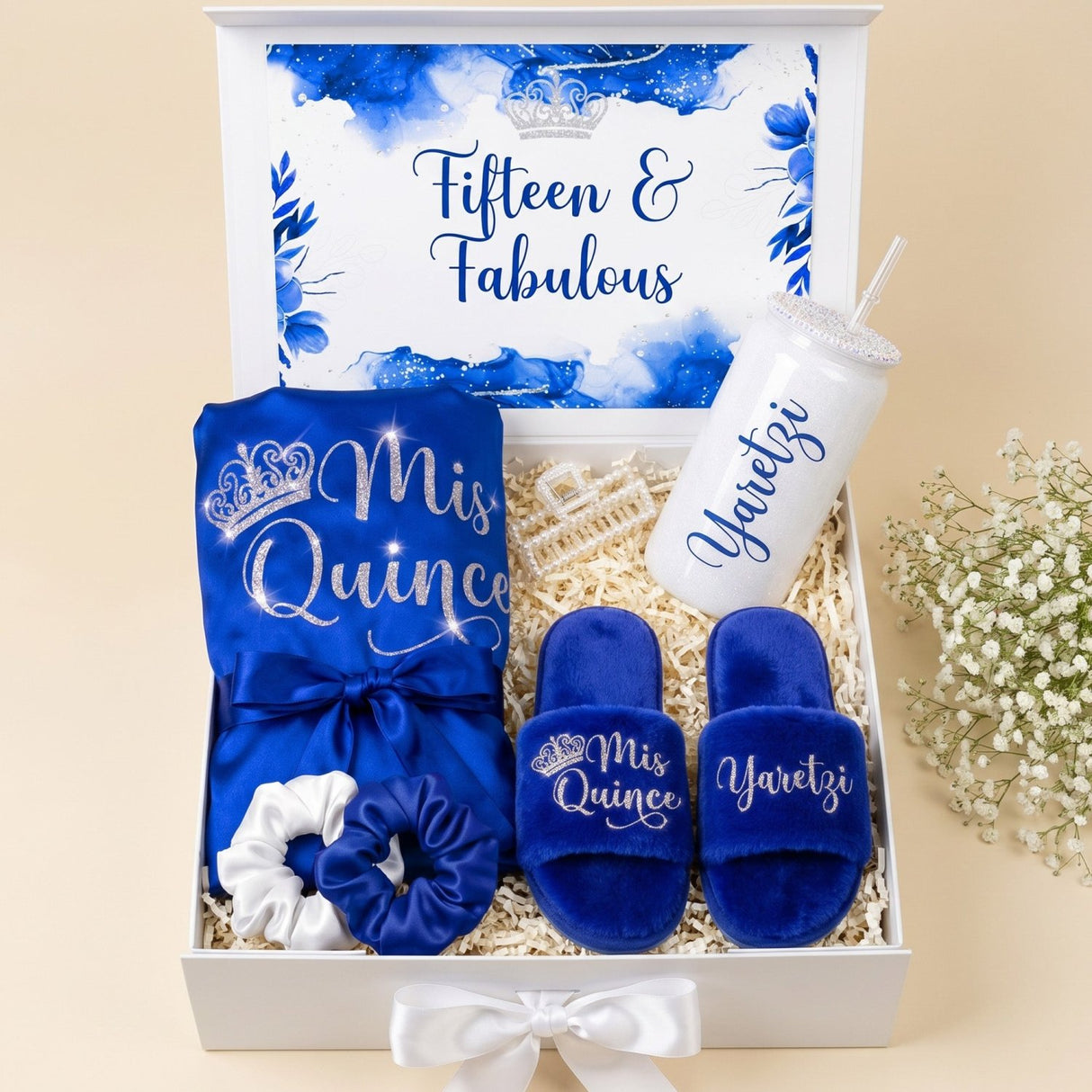 Royal Blue Deluxe Quinceanera Gift Box with Mis Quince Robe & Slippers - Gifts Are Blue