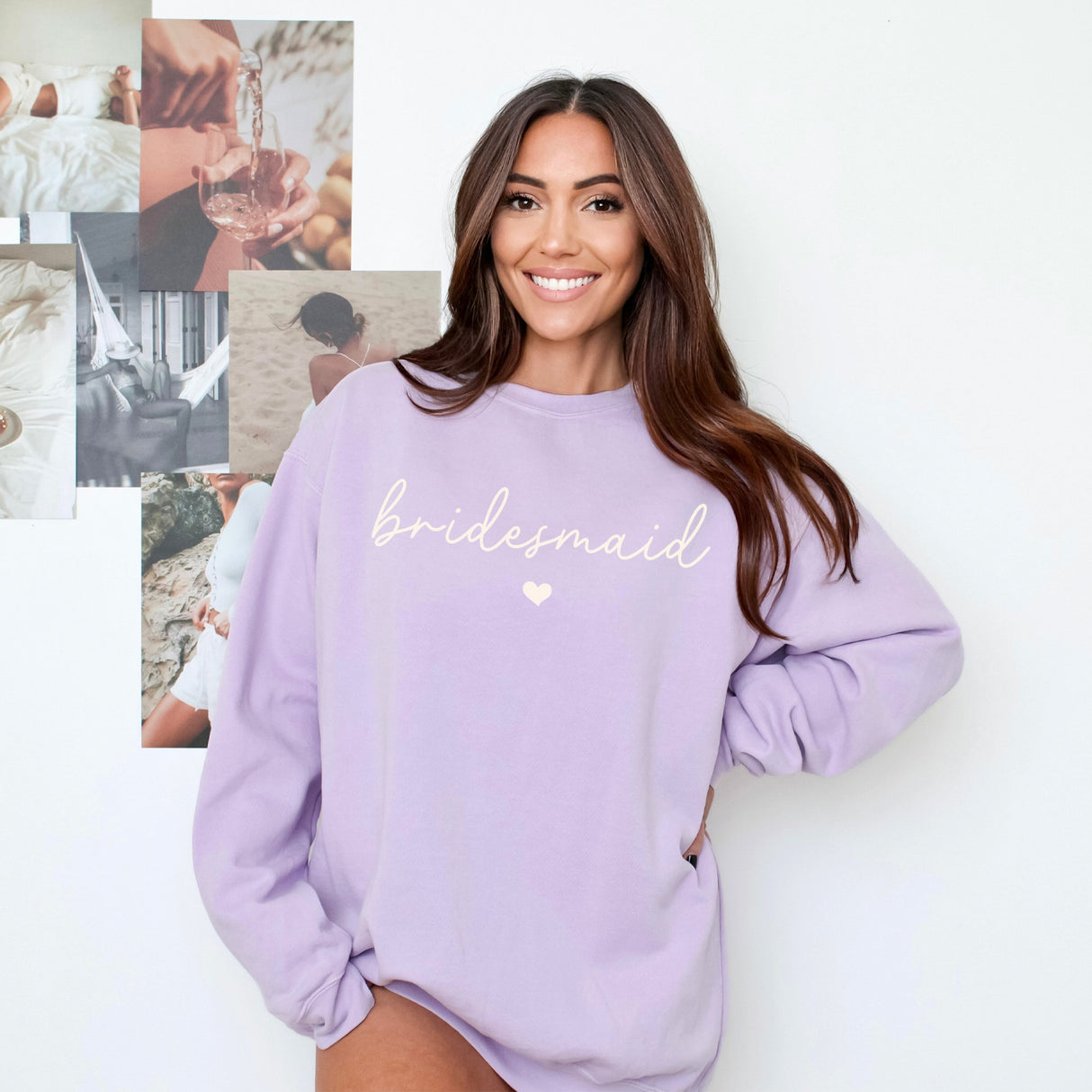 Woman wearing a custom bridesmaid sweatshirt, styled for cute bachelorette party shirts or bridal shower celebration.