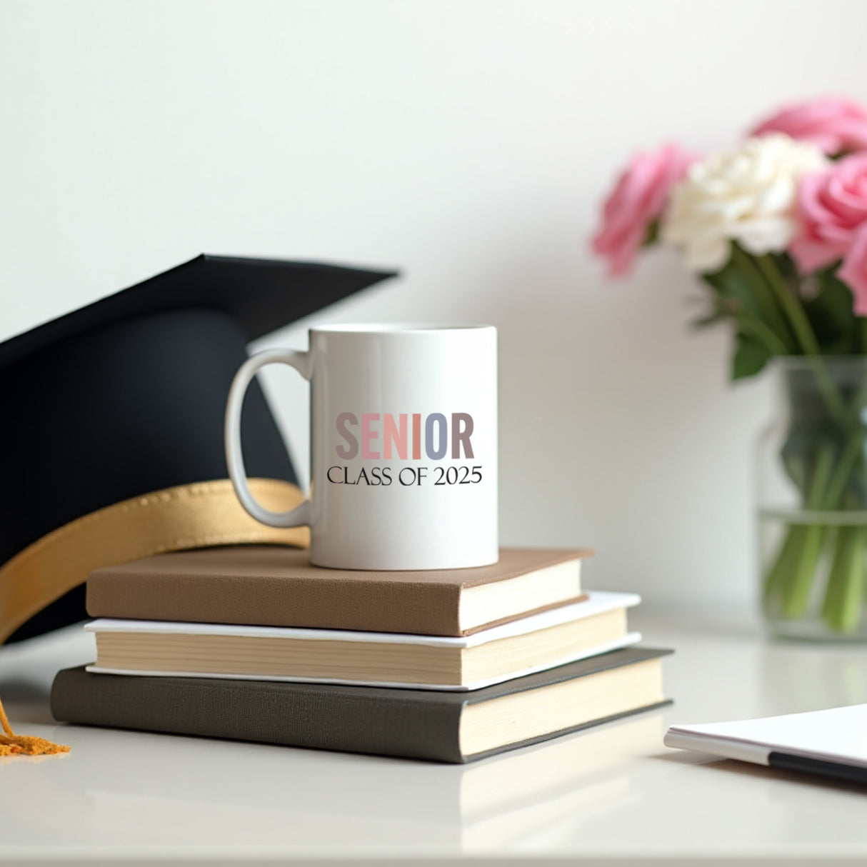 Simple white ceramic mugs with modern Class of 2025 text. Ideal gift for high school or college graduation seniors.