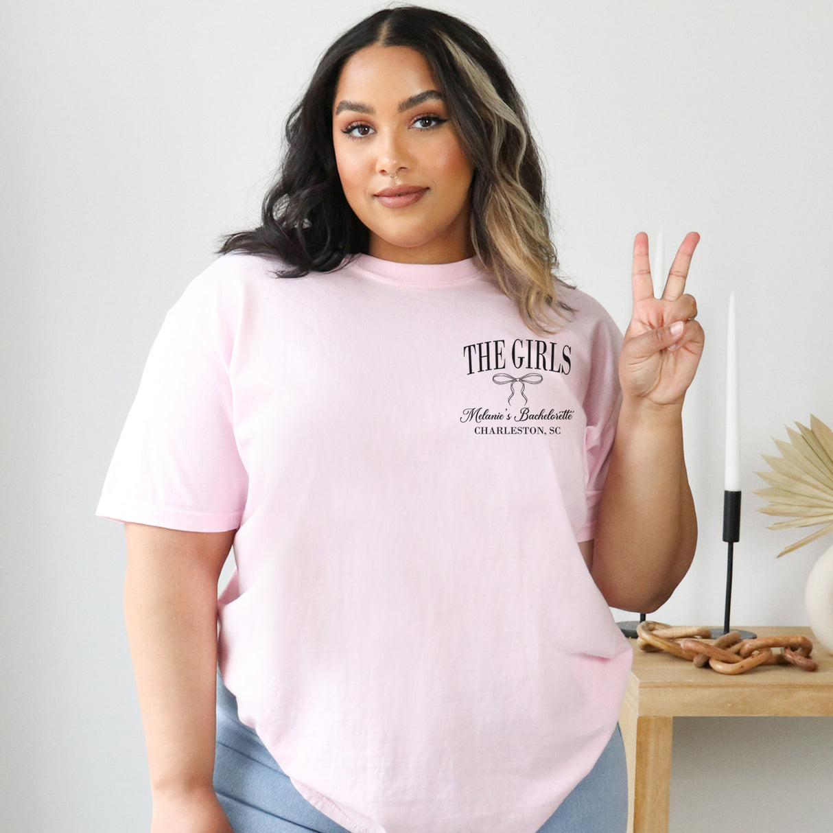 Comfort Colors customizable bachelorette shirt with coquette bow design, perfect for bridal showers, weddings, and bachelorette weekends.