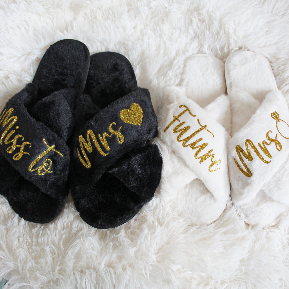 Fluffy bride to be slippers ideal for brides-to-be looking for cozy slippers to wear during the wedding morning.