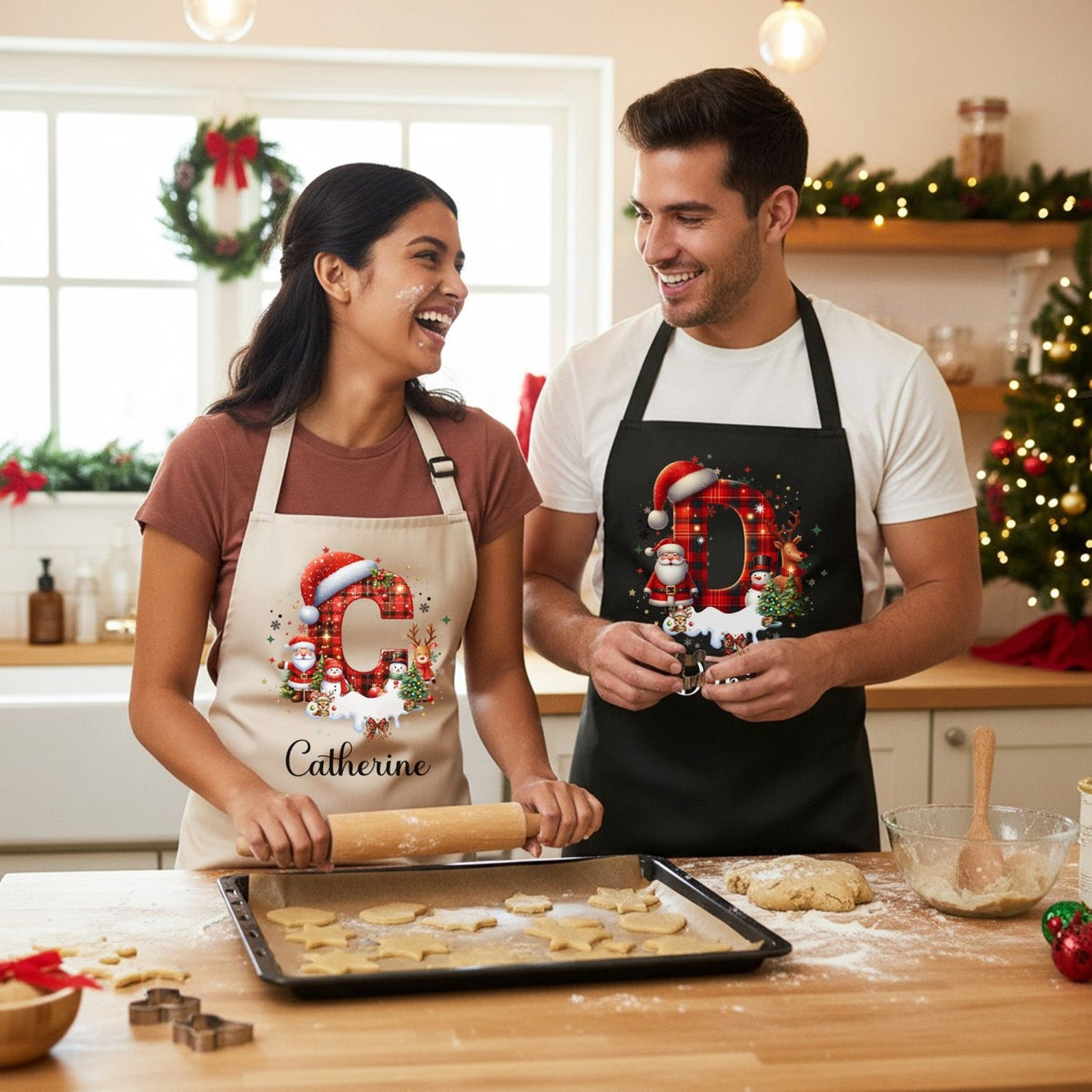 Red and Black Plaid Initial Personalized Matching Christmas Aprons for Adults and Kids - Gifts Are Blue