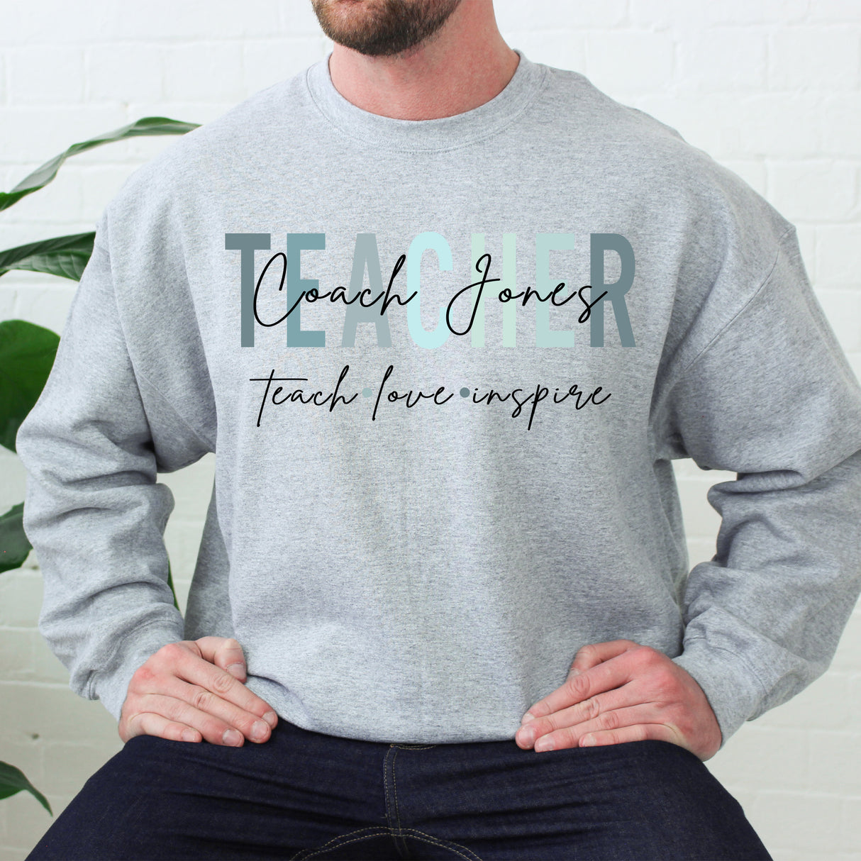 Grey personalized men’s teacher sweatshirt with last name, custom crewneck teacher gift