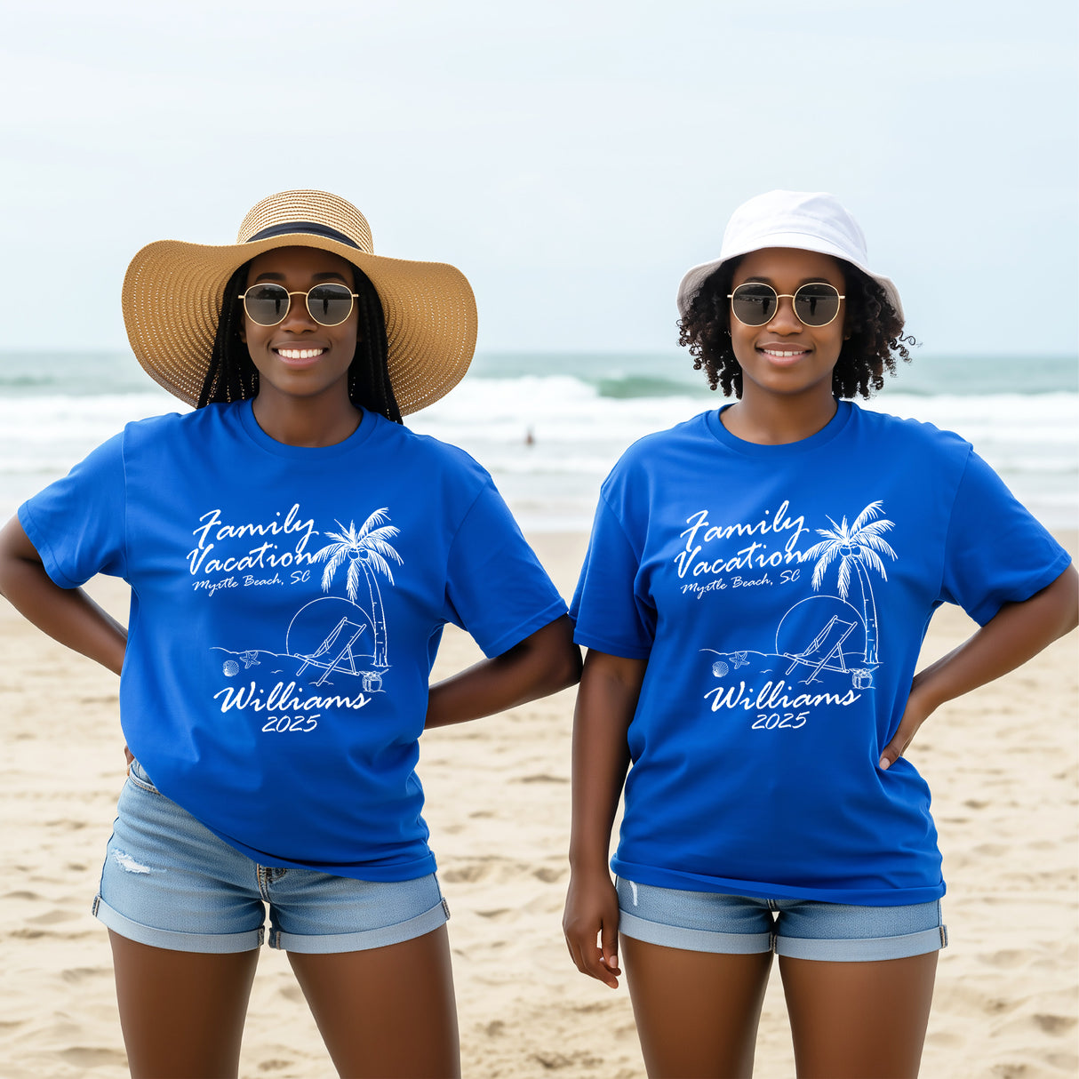 Custom family beach t-shirts matching with personalized names for summer vacations and group photos.