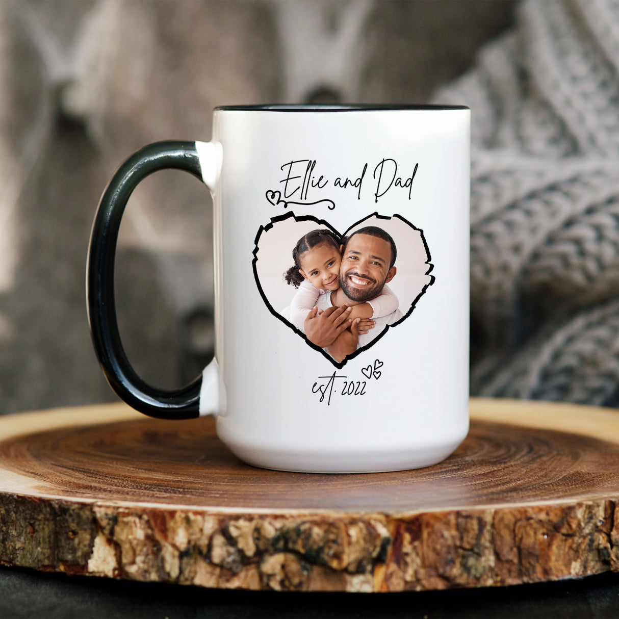 Custom mug with photo, name, and year for dad birthday or Father’s Day gift. Personalized ceramic mug for dad with cute design.