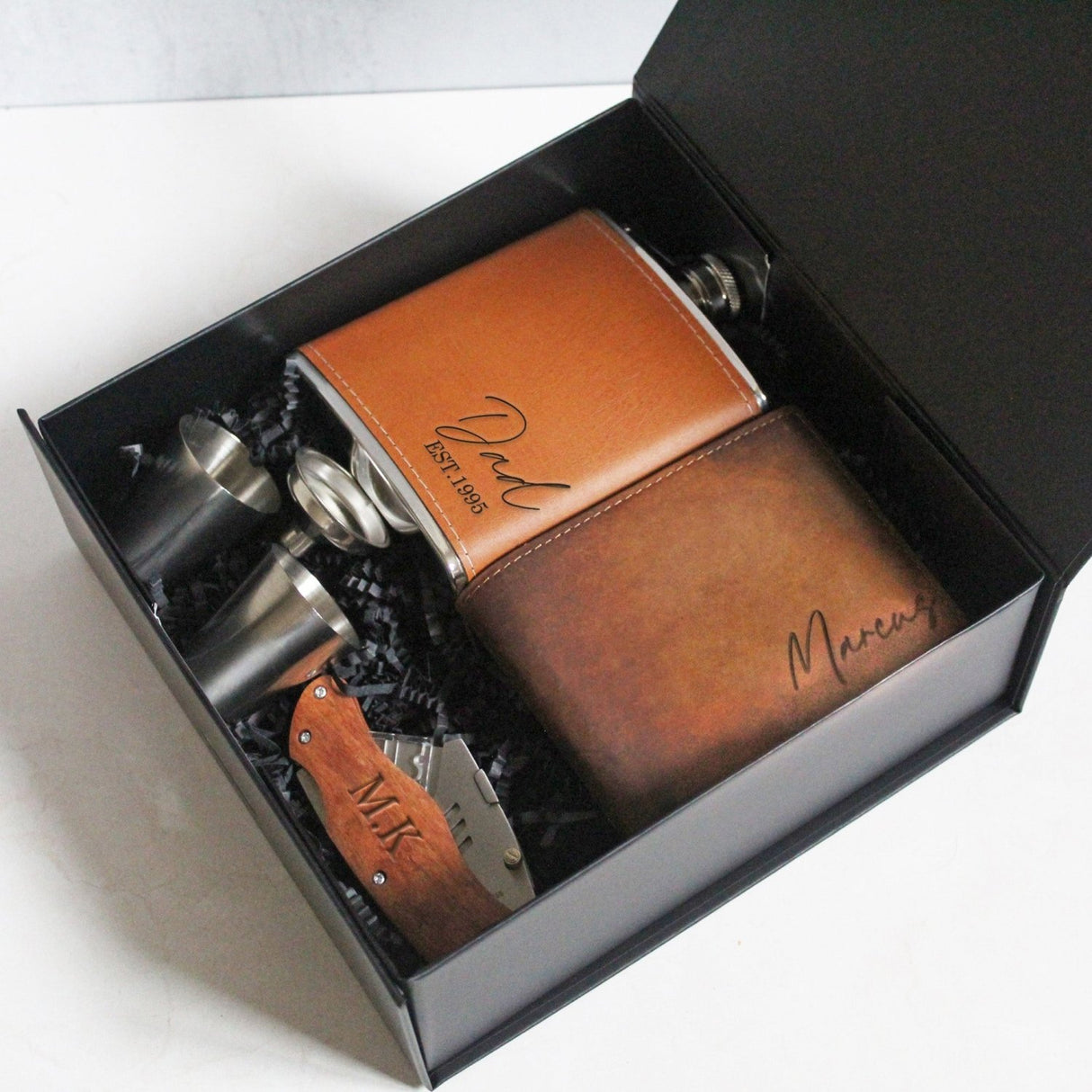 Personalized dad gifts from kids the perfect gift idea for dad for birthdays, Father’s Day, and holidays. Black box with flask for dad. Utility Knife for dad.