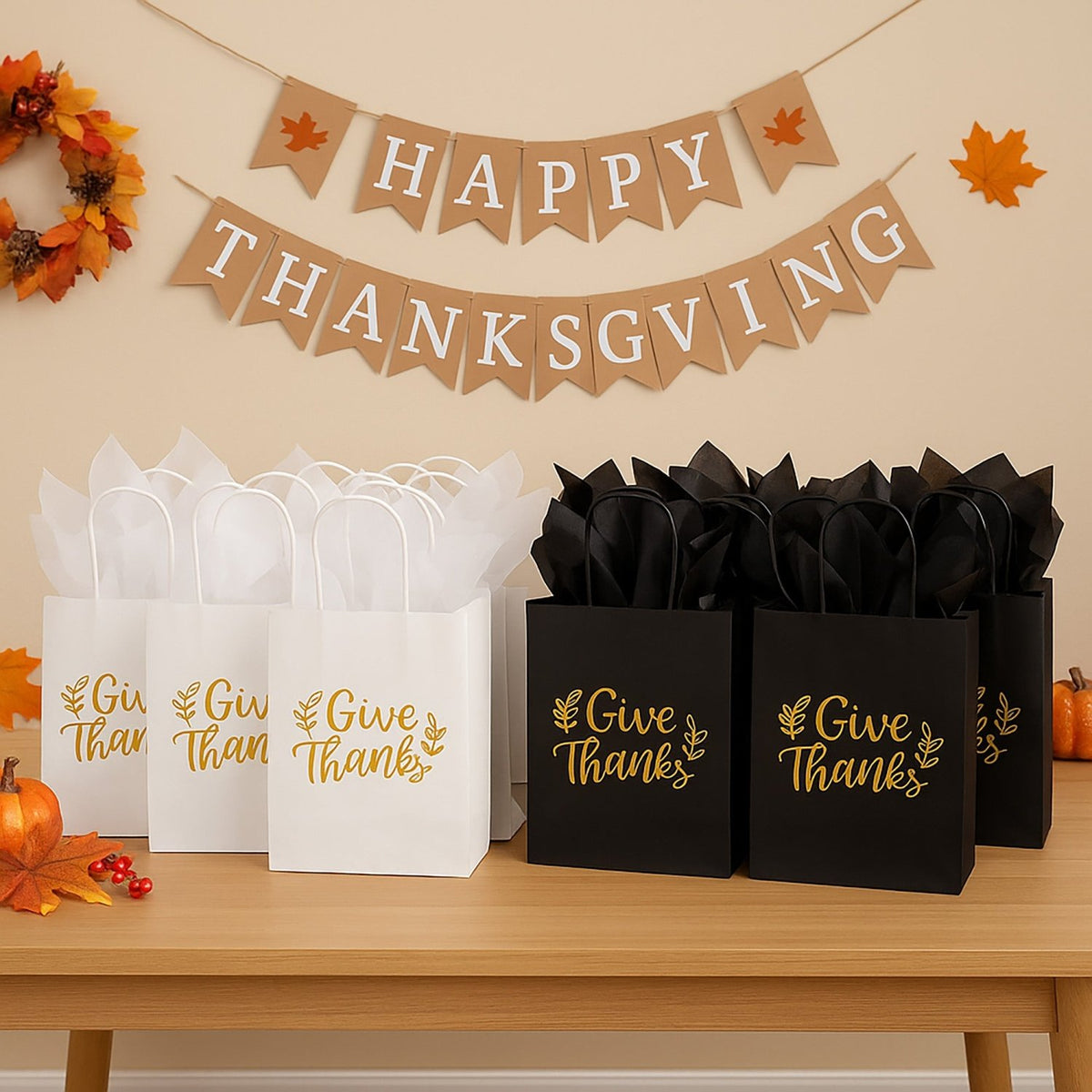 Minimalist Give Thanks Gifts Bags with Tissue Paper for Thanksgiving Party Favors - Gifts Are Blue