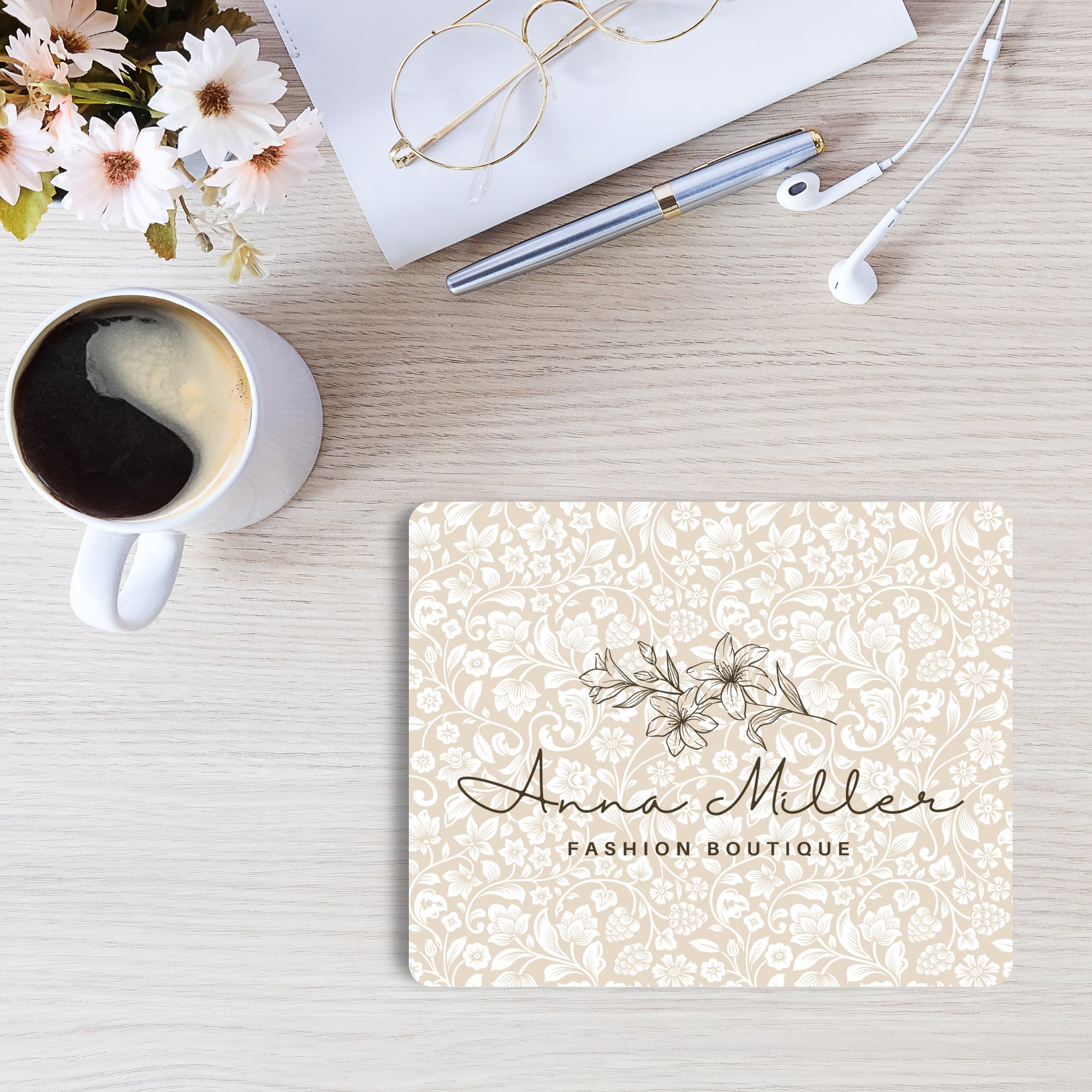 Promotional mouse pad with custom company logo.