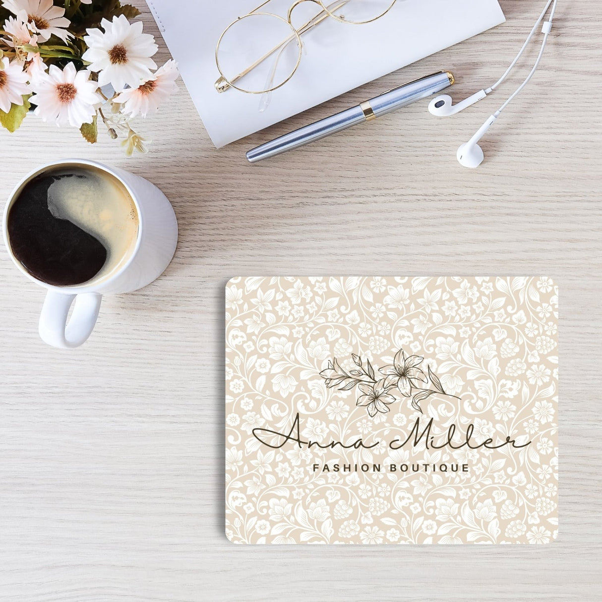 Promotional mouse pad with custom company logo.