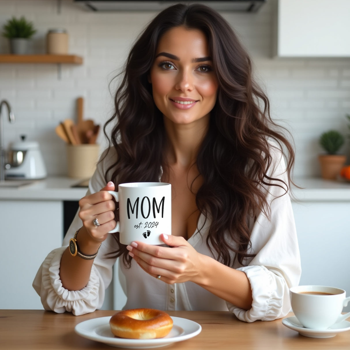 Customizable baby feet mug for new mothers, a thoughtful and sentimental baby shower. Women holding new mothers mug gift.