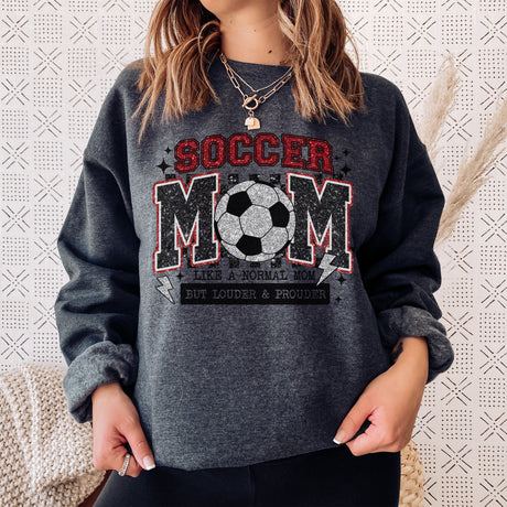 Soft crewneck sweatshirt with soccer mom design, ideal Mother’s Day gift for moms who love sports.