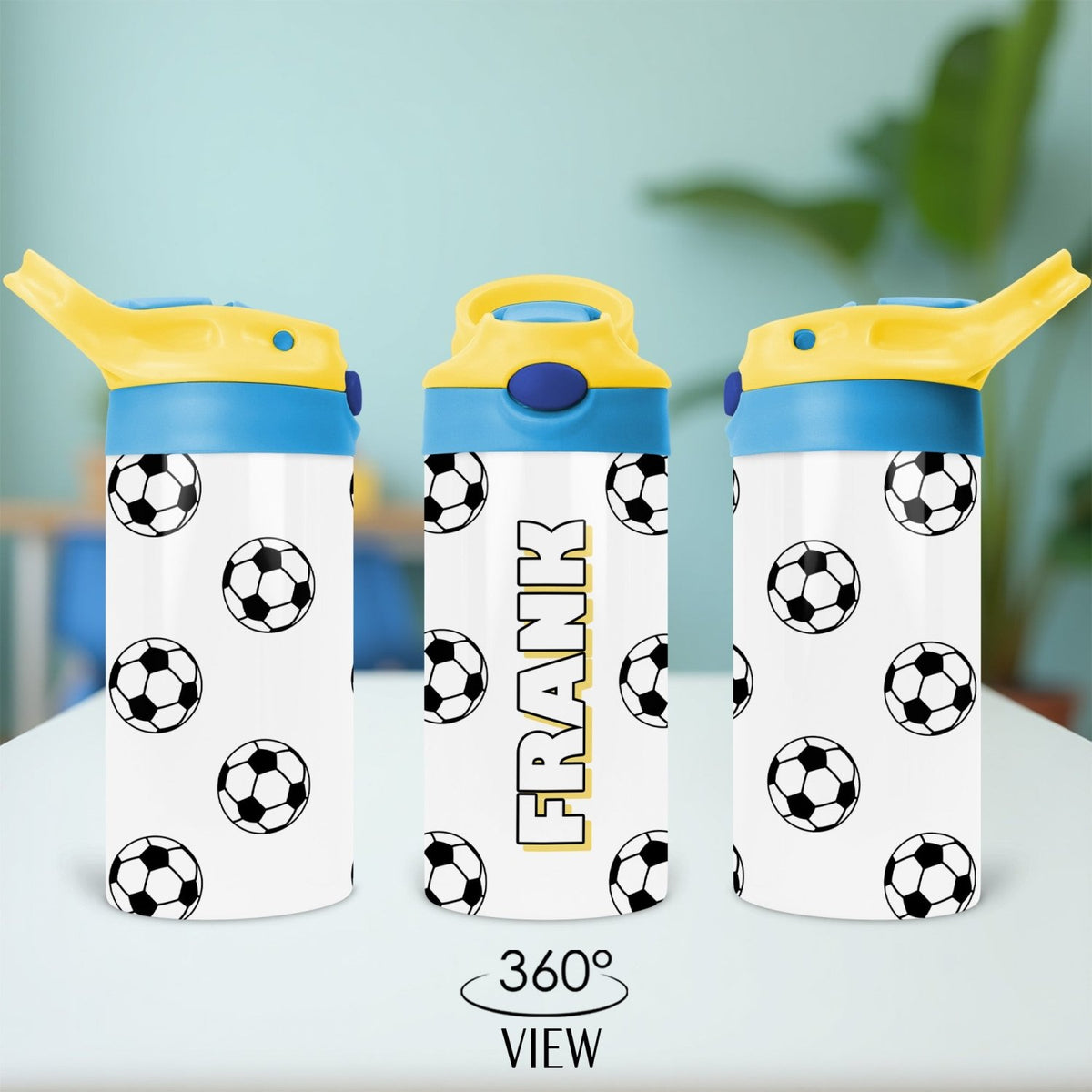 Soccer themed personalized water bottle for kids with custom name for back to school and practice.