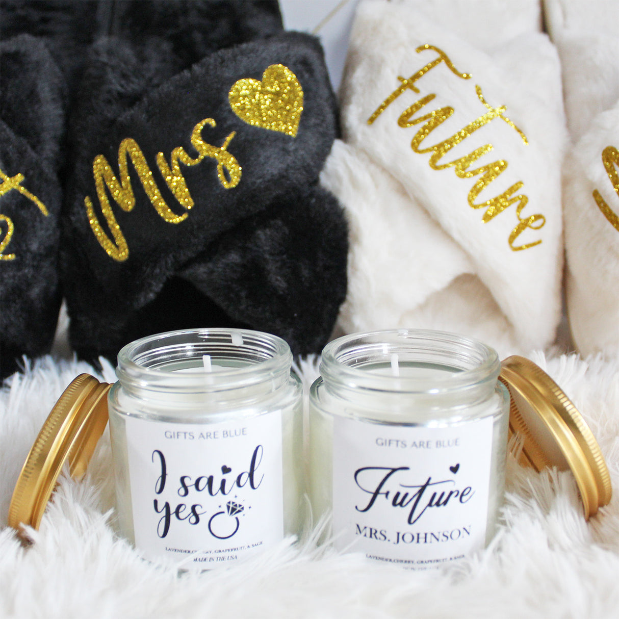 Gold Themed Personalized Engagement Gift Bundle with Slippers for New Fiance