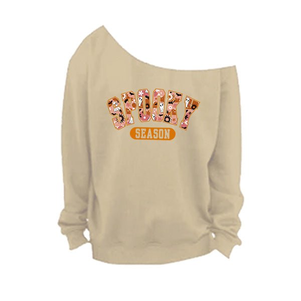 Sand Off The Shoulder Sweatshirt with raw edge neckline and Spooky season. A great Halloween shirt for women.