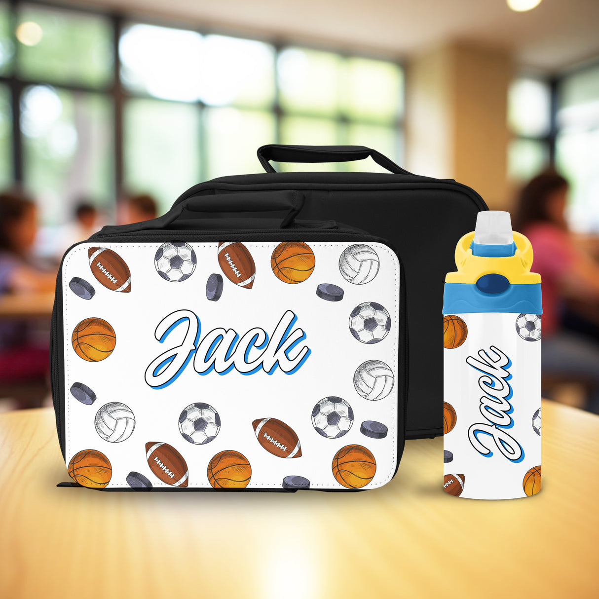 Custom sports lunch box and water bottle set for boys, personalized school lunch kit, durable and insulated for kids.