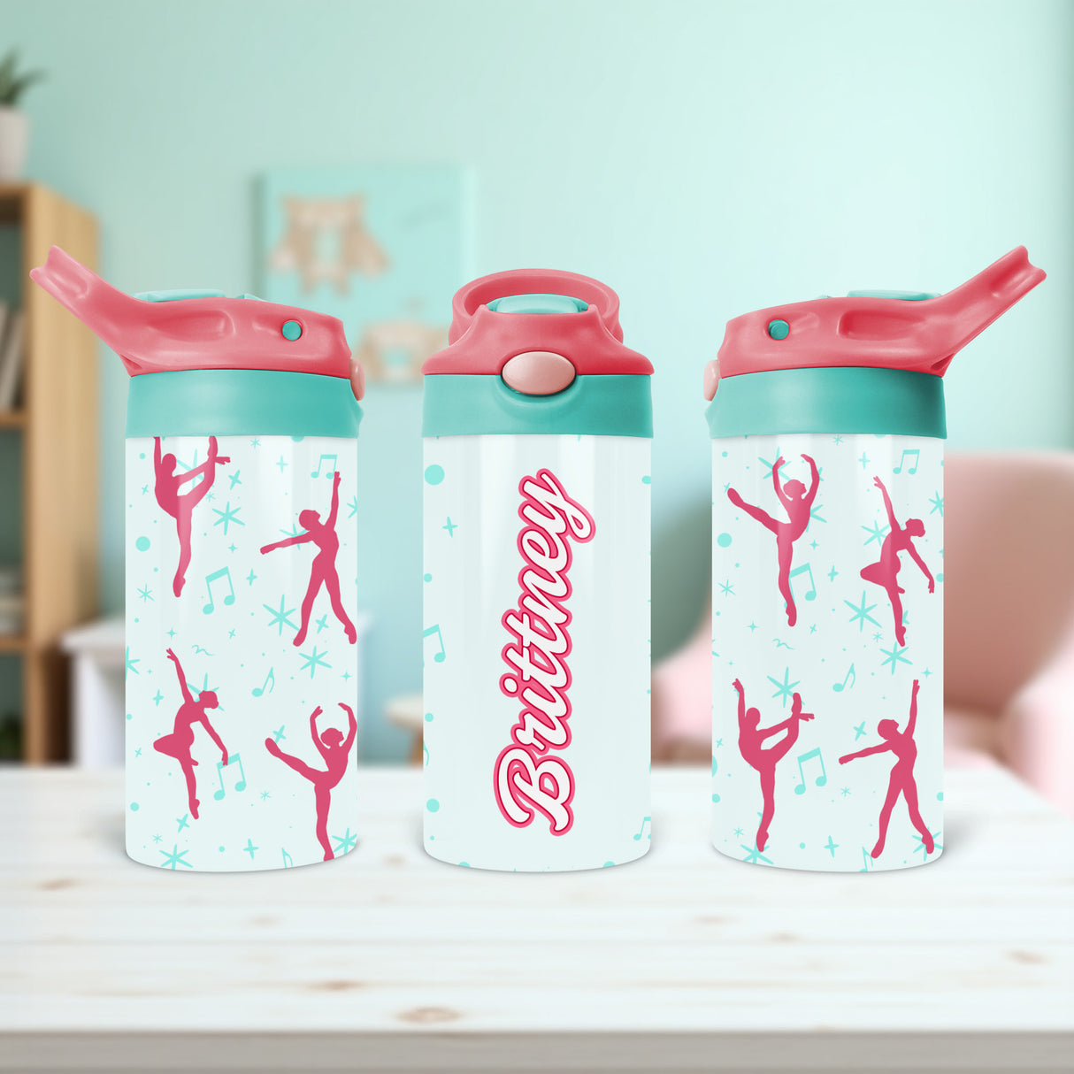 Custom kids water bottle for dance. Cute back to school gifts for daughter with custom name.