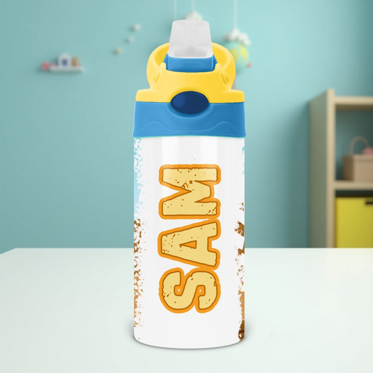 Kids personalized monster truck water bottle with flip top lid designed for easy use during school days or as a birthday gift.