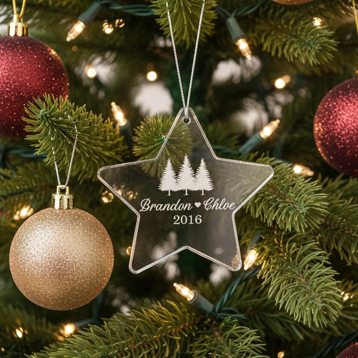 Couple Names w Trees Personalized Crystal Ornament for Christmas with Gift Box, Variety of Shapes - Gifts Are Blue