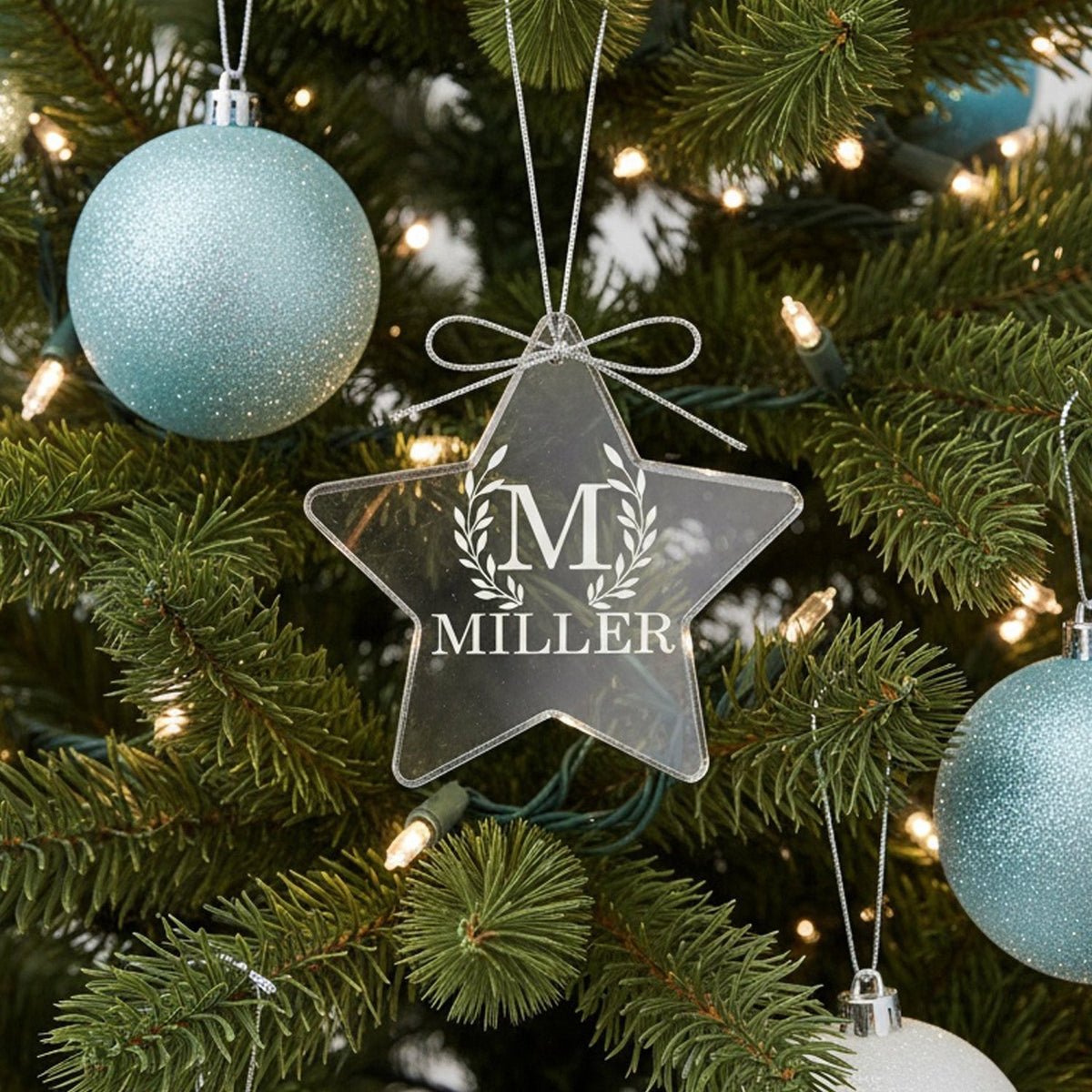 Wreath Initial Last Name Personalized Crystal Ornament for Christmas with Gift Box, Variety of Shapes - Gifts Are Blue