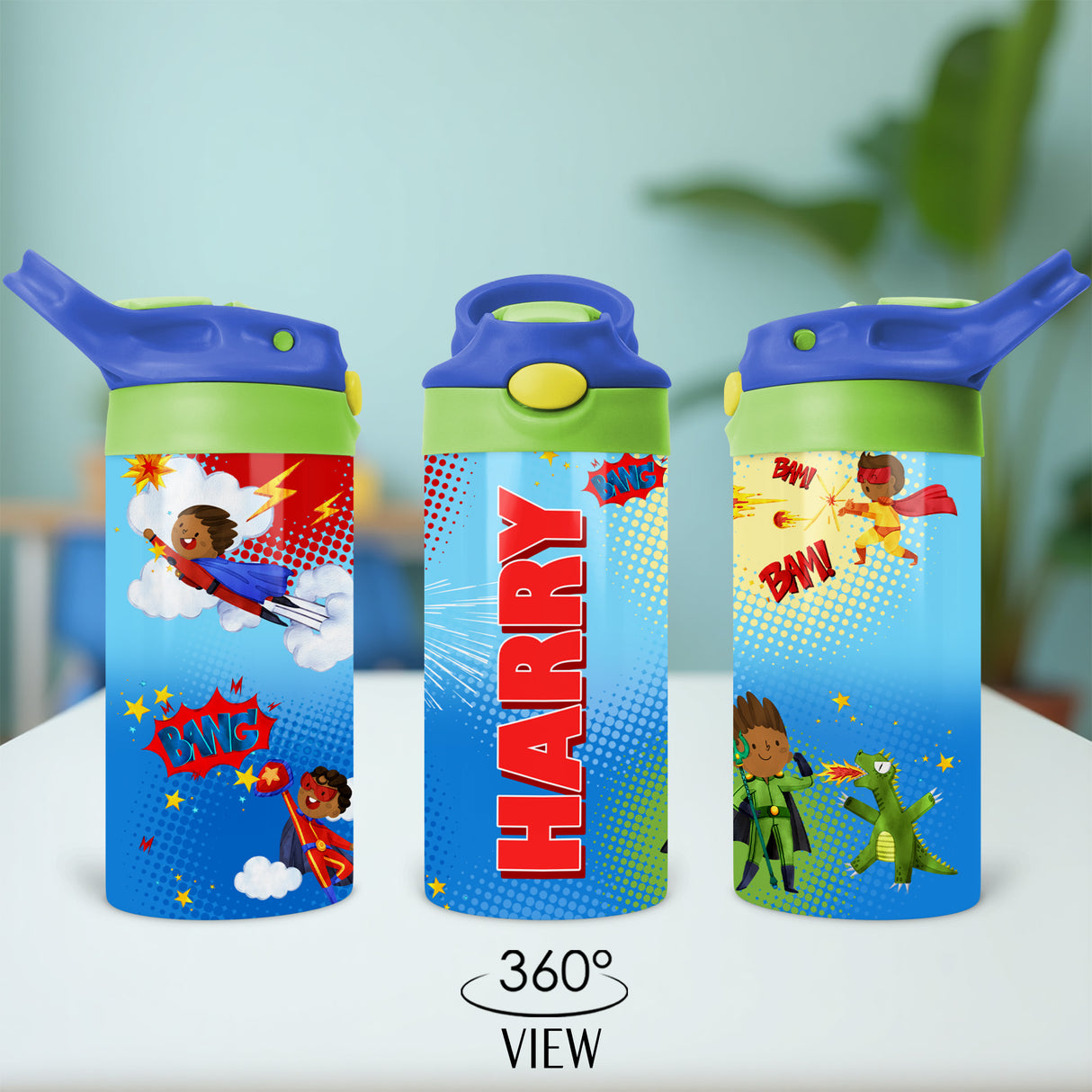 Superhero lunch box and personalized water bottle for kids, great for daycare, and custom back to school gear.