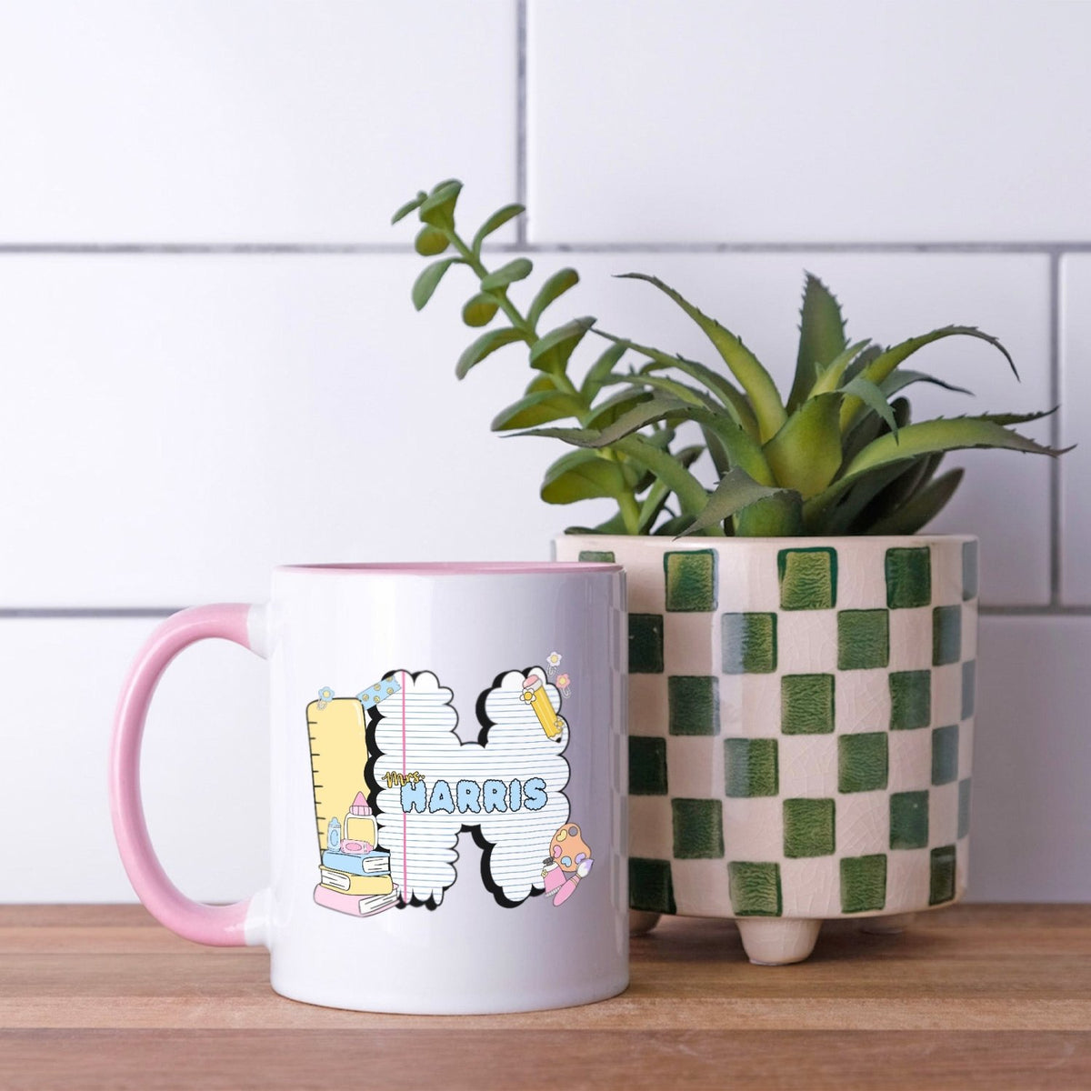 Teacher appreciation week mug with personalized bubble monogrammed design.