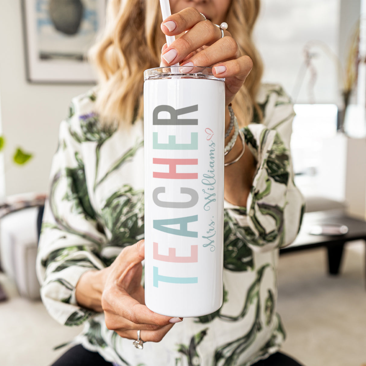 Personalized 20 oz skinny tumbler for teachers, custom name for Teacher Appreciation gift.