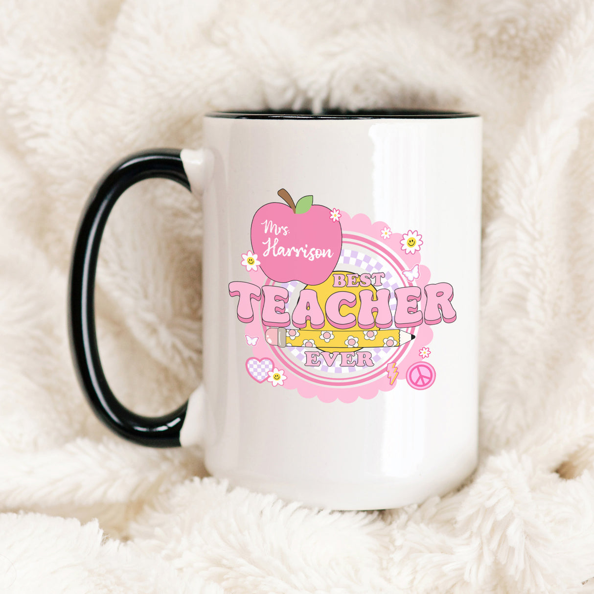 Custom Best Teacher Ever mug with name, pink teacher gift for Teacher Appreciation Week.