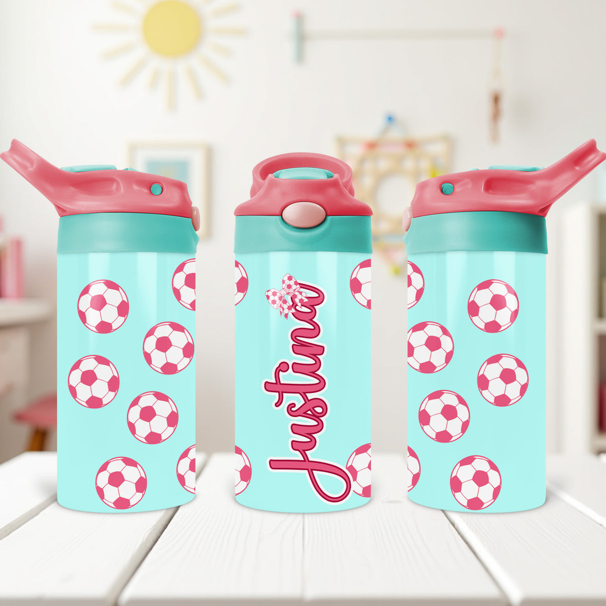 Girls custom soccer water bottle with name printing, perfect for sports, school, and outdoor activities.