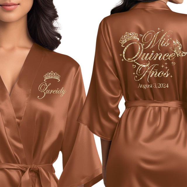 Women's quinceanera satin robes. Personalize with your name and event date. Terracotta quince robes for little sister.