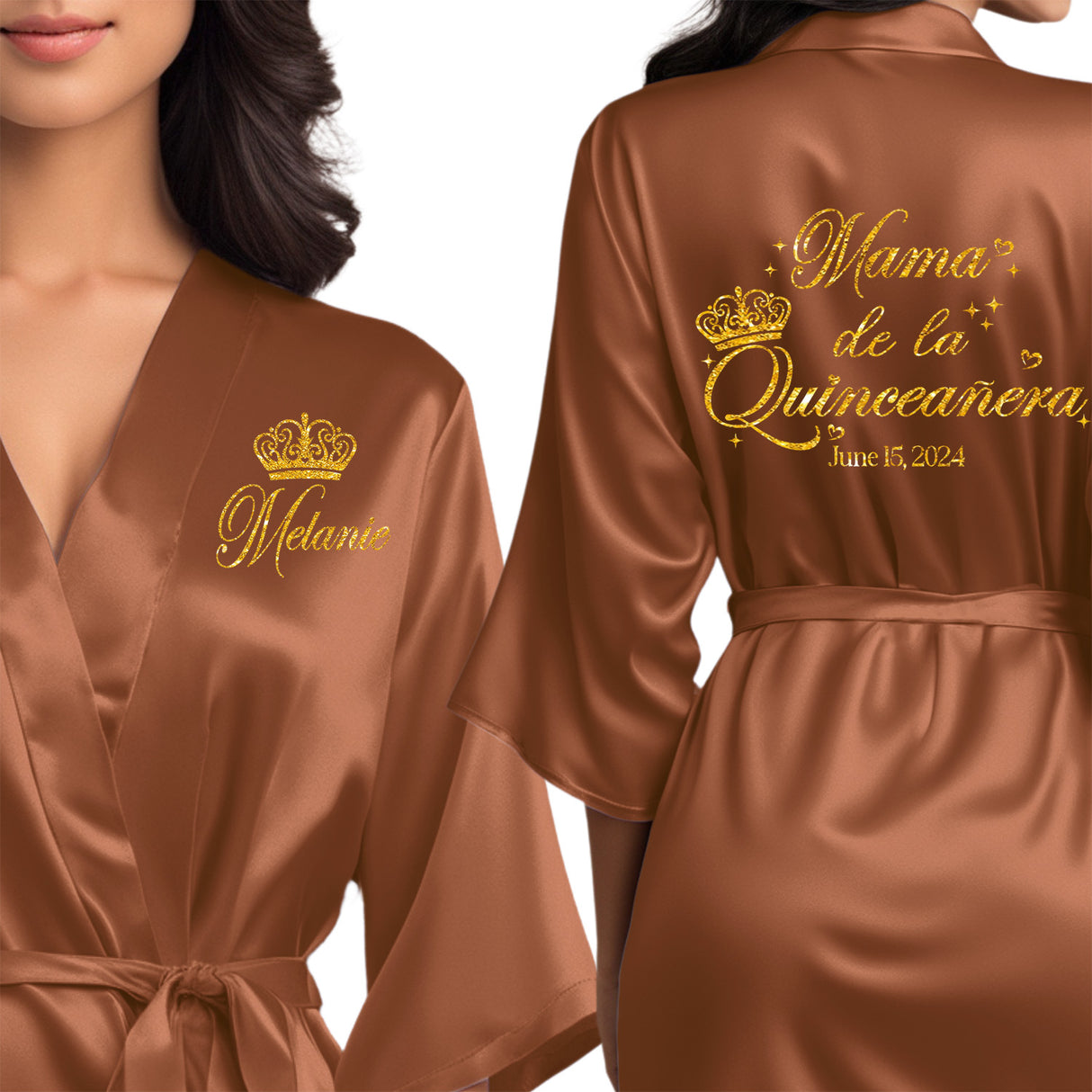 Personalized satin mama de la quinceanera robes. Terracotta quince robes with gold glitter.