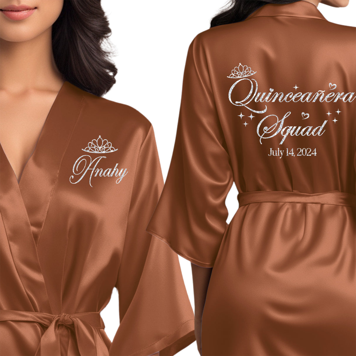 The perfect personalized satin terracotta quince robes for the entire quinceanera squad.