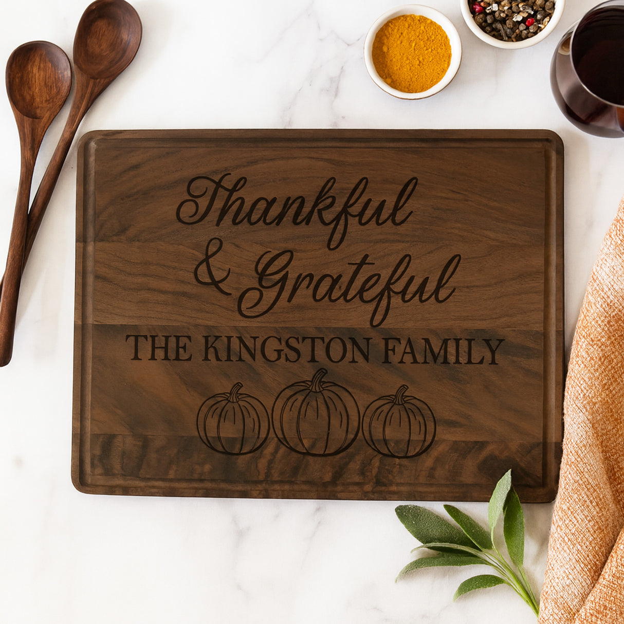 Thankful and Grateful Personalized Cutting Board for Thanksgiving, Custom Family Gifts