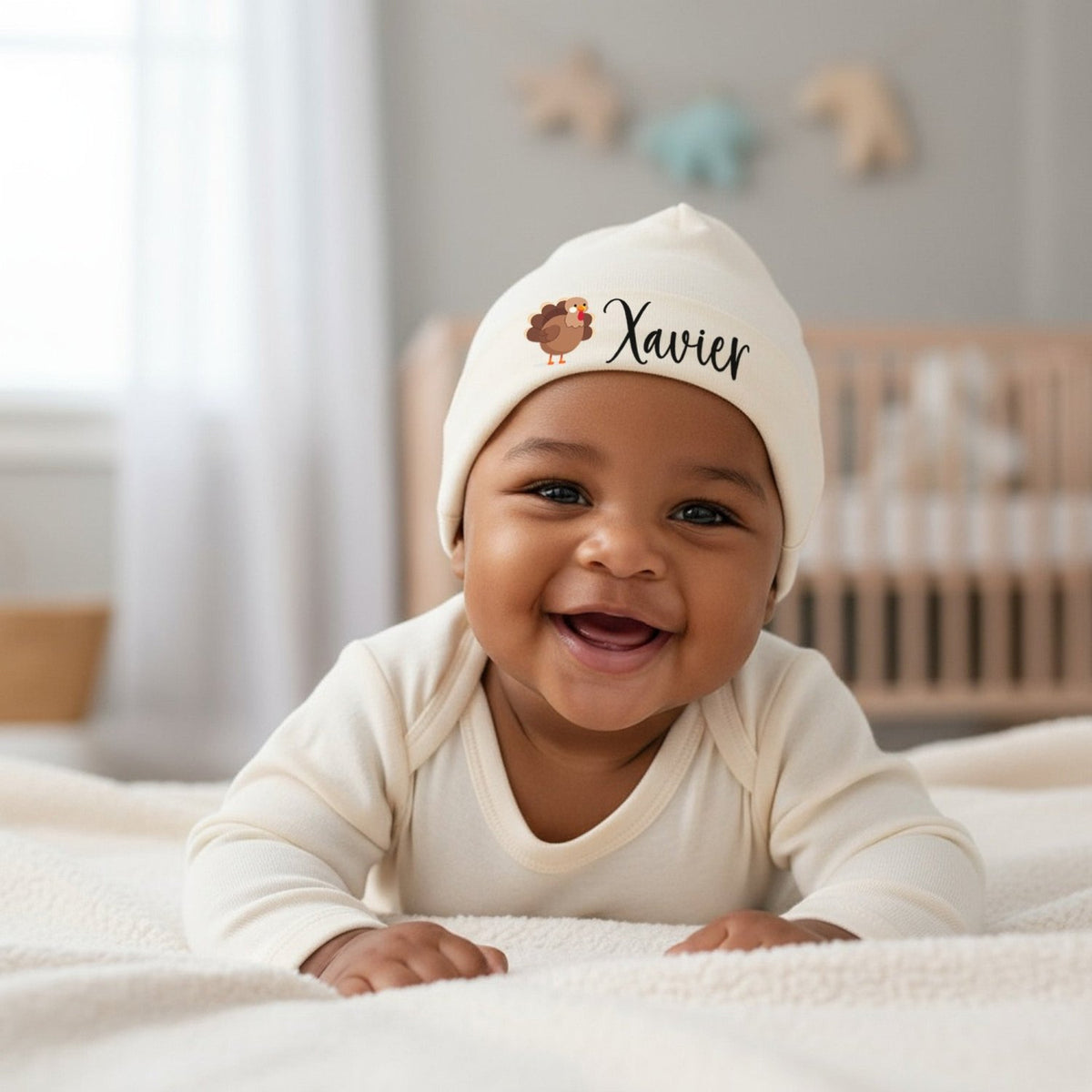 Cartoon Turkey Personalized Baby Beanie with Name for Thanksgiving, Infants 0M-6M - Gifts Are Blue
