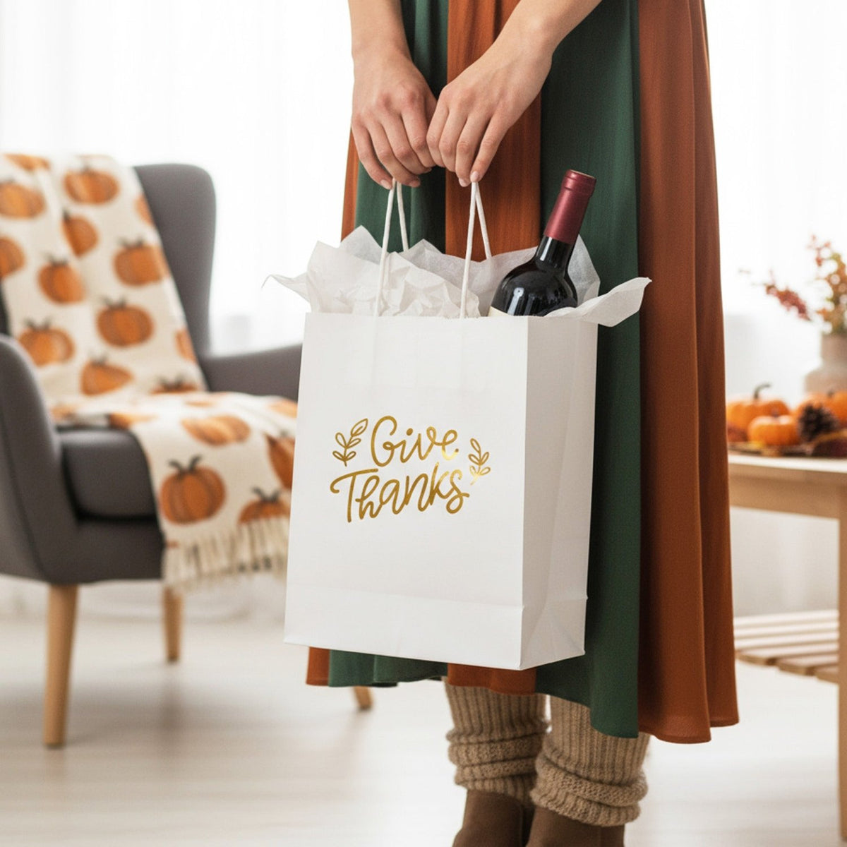 Minimalist Give Thanks Gifts Bags with Tissue Paper for Thanksgiving Party Favors - Gifts Are Blue