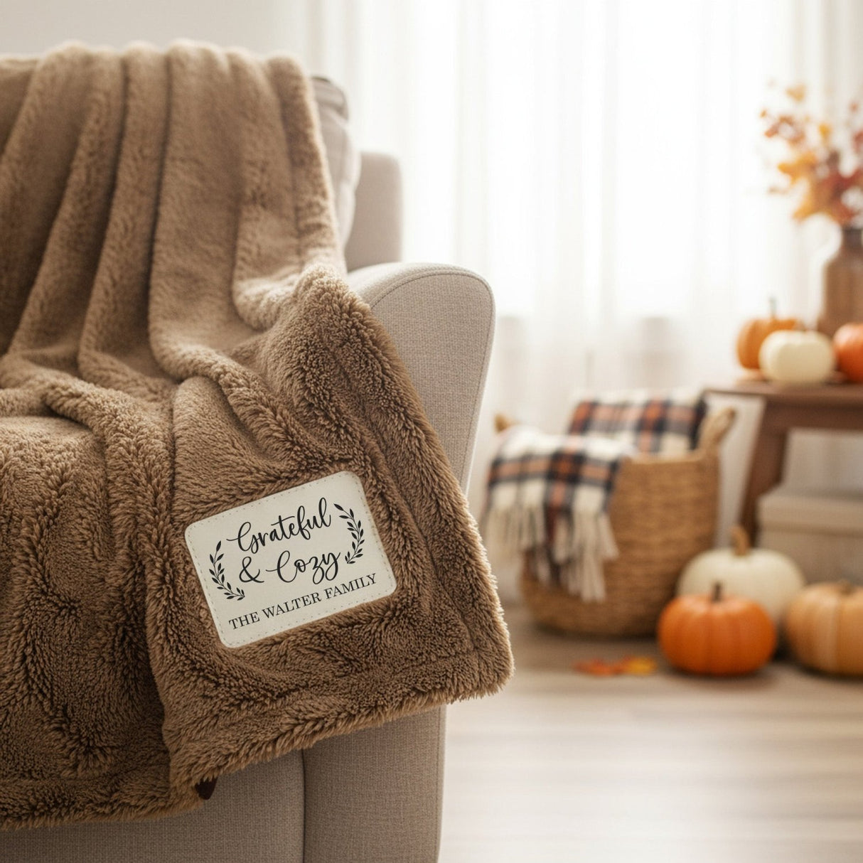 Grateful and Cozy Personalized Throw Blanket with leather Patch, Fall Decoration - Gifts Are Blue
