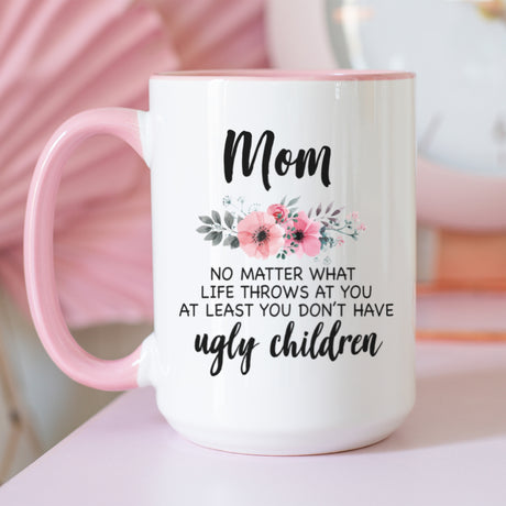 Funny coffee mug for mom with floral design and the phrase perfect Mother's Day gift.