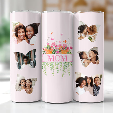 Blush personalized photo skinny tumbler with floral and butterfly design, perfect Mother’s Day gift for mom.