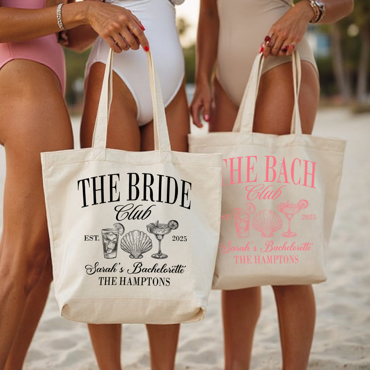 Wedding party beach tote bag customized for bridesmaids and maid of honor. Personalized bride tote bag for tropical bachelorette getaway.